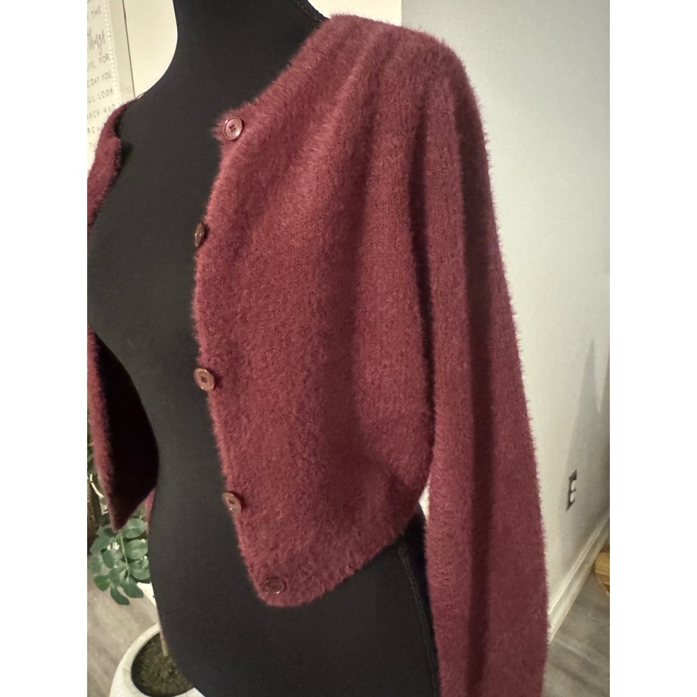 Kimchi Blue Burgundy Fuzzy Cropped Cardigan Sweater Button Front Small - Picture 2 of 4